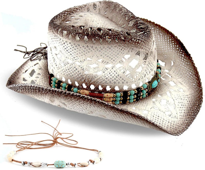 Foeran Men's Women's Straw Cowboy Hat Cowgirl Woven Sun Hat Western Cowboy Hat Two Decorative Bands - Image 1